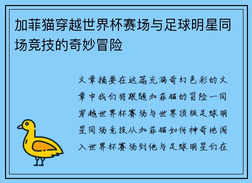 加菲猫穿越世界杯赛场与足球明星同场竞技的奇妙冒险
