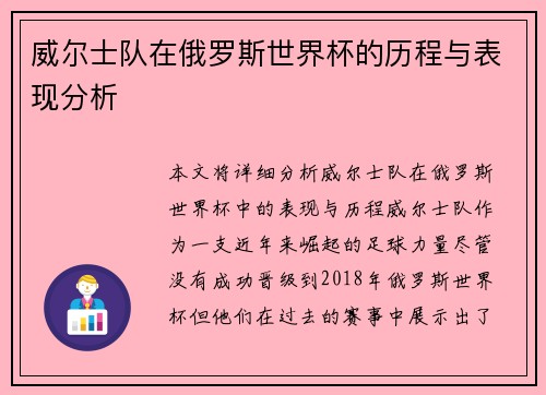 威尔士队在俄罗斯世界杯的历程与表现分析