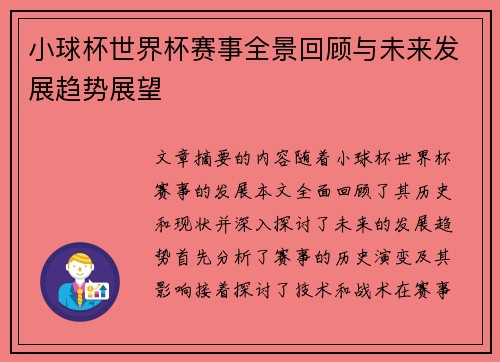 小球杯世界杯赛事全景回顾与未来发展趋势展望